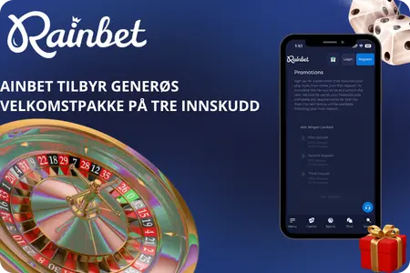 Rainbet Casino velkomstpakke på tre innskudd - generøs bonus vist på mobiltelefon