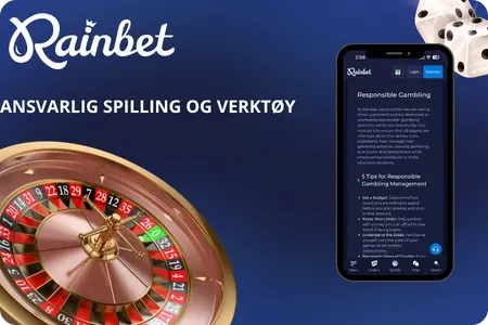 Ansvarlig spilling hos Rainbet Casino – rulett-hjul og mobil med responsible gambling-verktøy.
