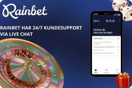 Rainbet har 24/7 kundesupport via live chat – rulett-hjul og mobil med åpen chat
