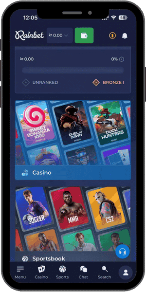 Rainbet Casino Norge på mobil - hovedside med casino-spill som Sweet Bonanza, Duel at Dawn, Duck Hunters og sportsbook-seksjon